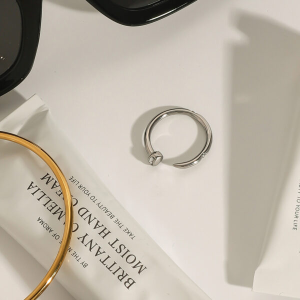 Unisex Minimalist Steel Color Stainless Steel Diamond Nail Open Ring - Image 2