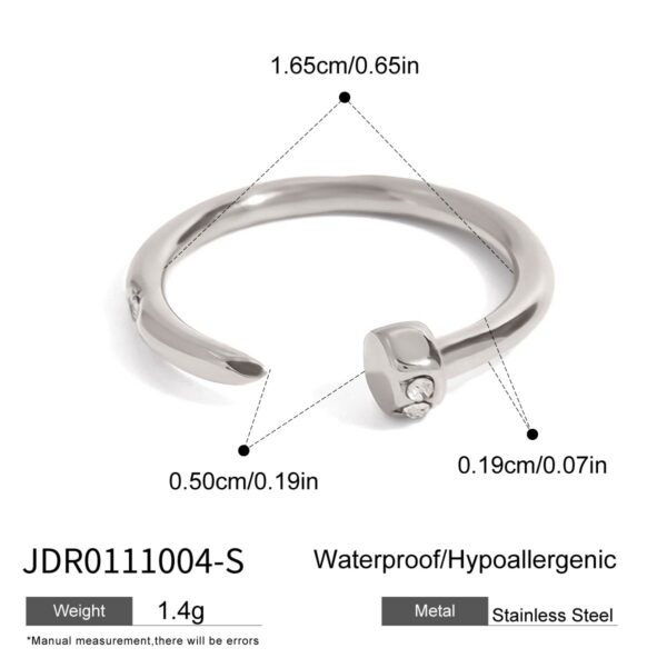 Unisex Minimalist Steel Color Stainless Steel Diamond Nail Open Ring - Image 4