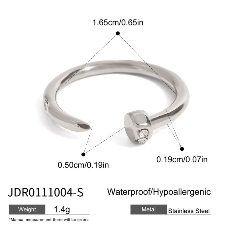 Unisex Minimalist Steel Color Stainless Steel Diamond Nail Open Ring - Image 4