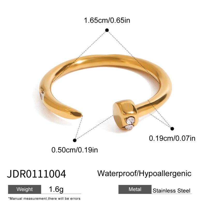 Unisex Minimalist 18K Gold Stainless Steel Diamond Nail Open Ring - Image 5