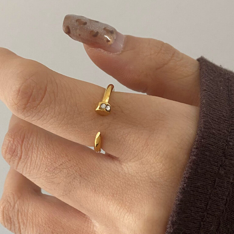 Unisex Minimalist 18K Gold Stainless Steel Diamond Nail Open Ring - Image 3