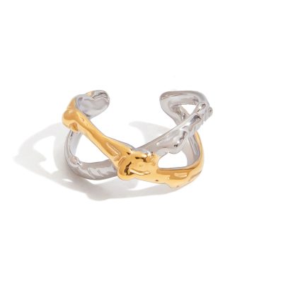 Stainless Steel Cross Ring - Minimalist Hollow Hammered Adjustable Open Band for Women