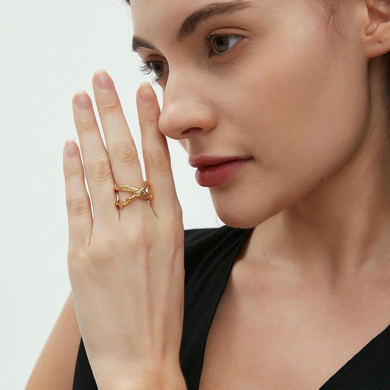 Stainless Steel Minimalist Cross Ring - Hollow Hammered Adjustable Open Band for Women - Image 2
