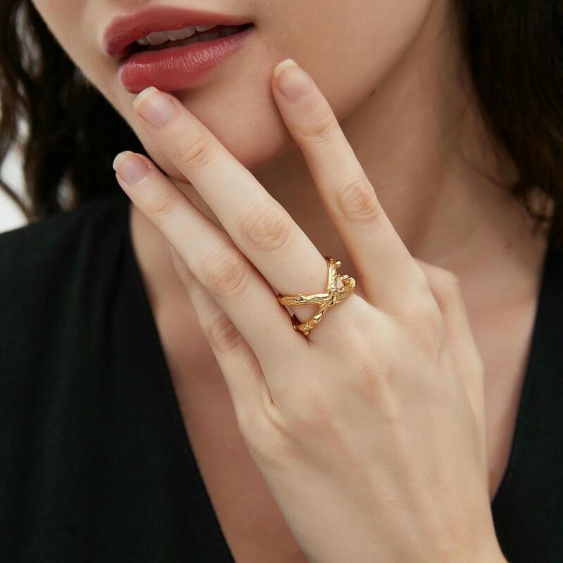 Stainless Steel Minimalist Cross Ring - Hollow Hammered Adjustable Open Band for Women - Image 3