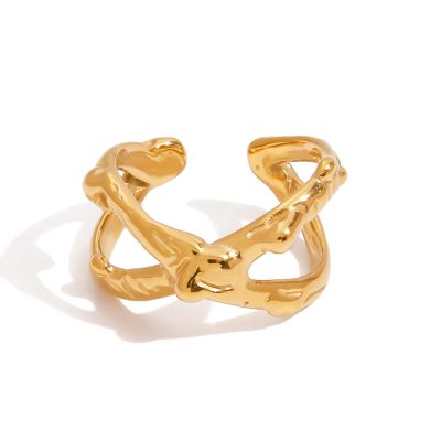 Stainless Steel Minimalist Cross Ring - Hollow Hammered Adjustable Open Band for Women