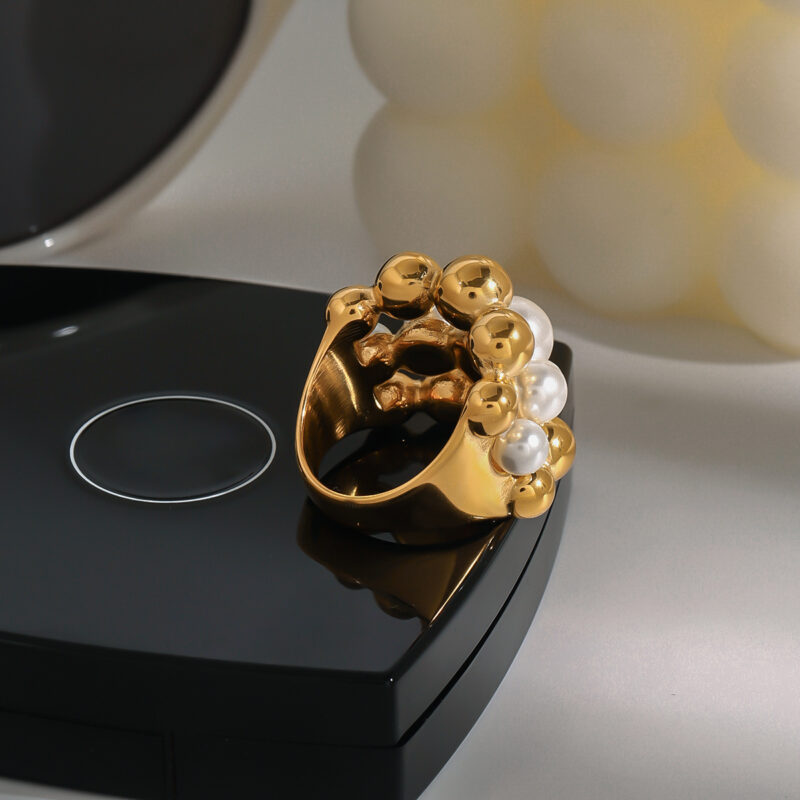 J&D 18K Gold Stainless Steel Modern Elegant Statement Fashion Jewelry Pearl Ball Layered Ring - Image 4
