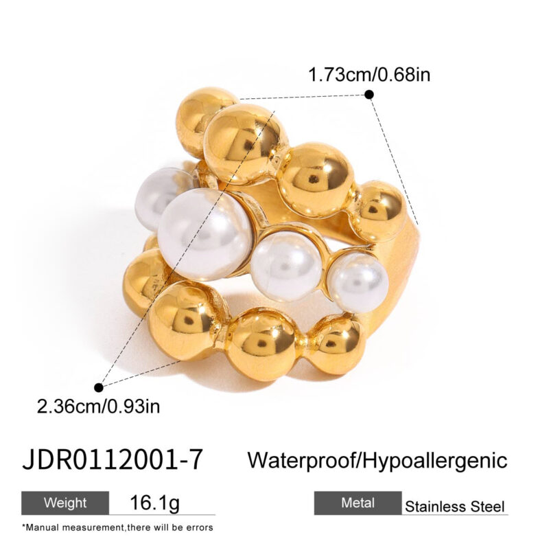 J&D 18K Gold Stainless Steel Modern Elegant Statement Fashion Jewelry Pearl Ball Layered Ring - Image 5