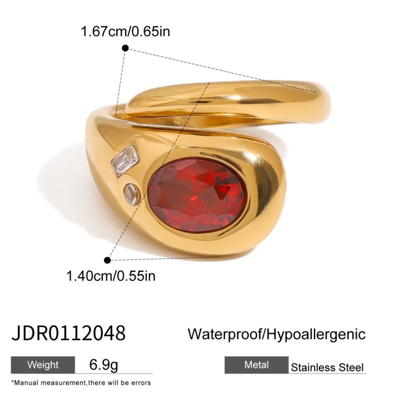 J&D 18K Gold Stainless Steel Red Glass Zirconium Snake Series Open Ring - Image 4