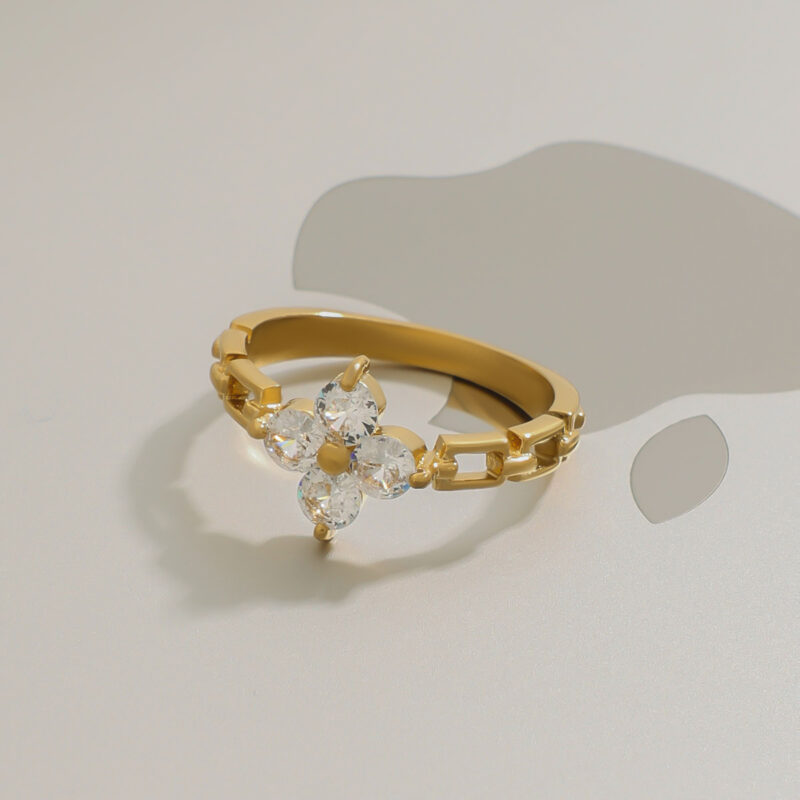 J&D Modern Luxury 18K Gold Stainless Steel Lucky Leaf Clover Zircon Watch Rings for Women - Image 4