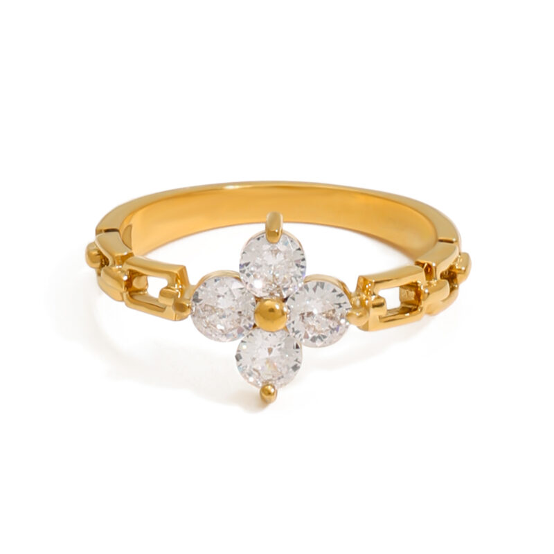 J&D Modern Luxury 18K Gold Stainless Steel Lucky Leaf Clover Zircon Watch Rings for Women