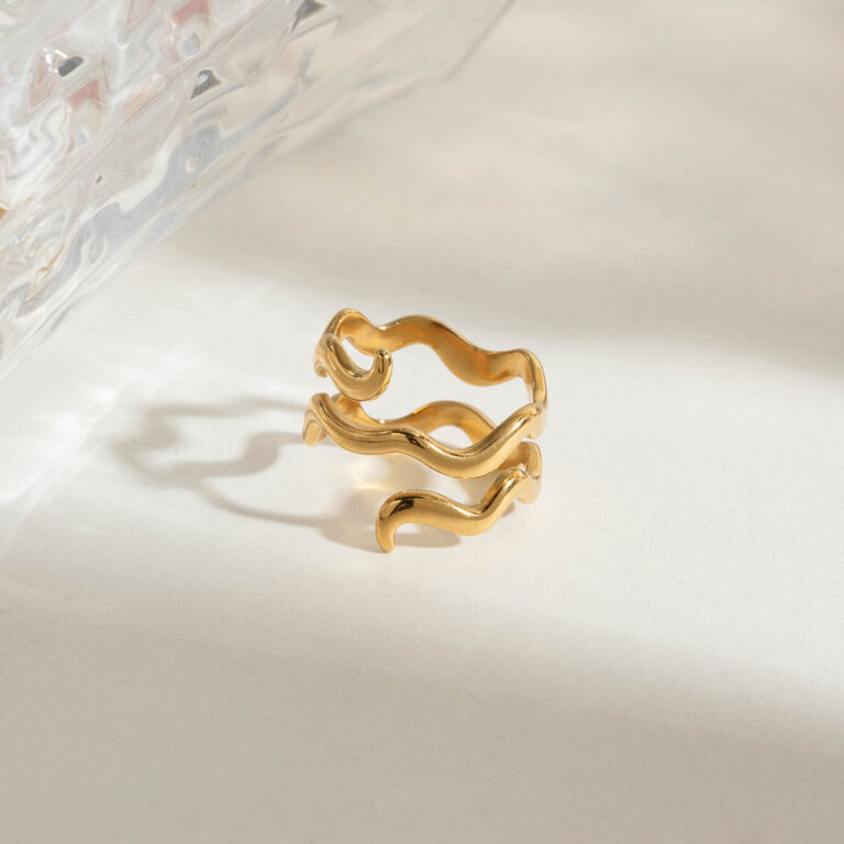 Modern Minimalist 18K Gold Stainless Steel Double Wave Ring - Stackable Geometric Jewelry for Women - Image 2