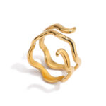 Modern Minimalist 18K Gold Stainless Steel Double Wave Ring - Stackable Geometric Jewelry for Women