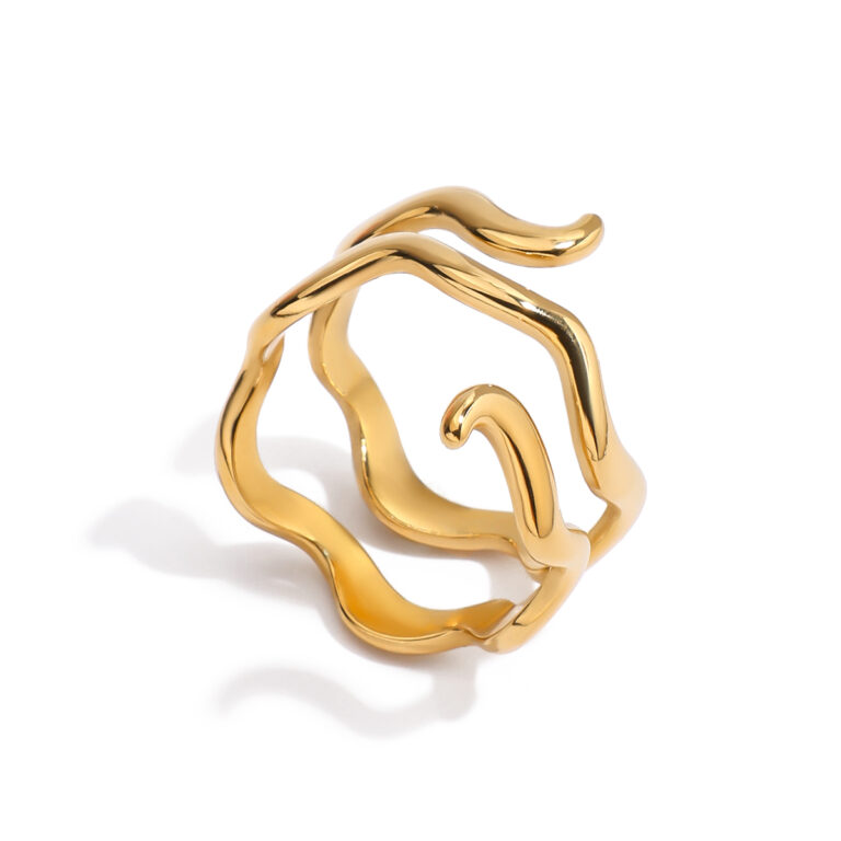 Modern Minimalist 18K Gold Stainless Steel Double Wave Ring - Stackable Geometric Jewelry for Women
