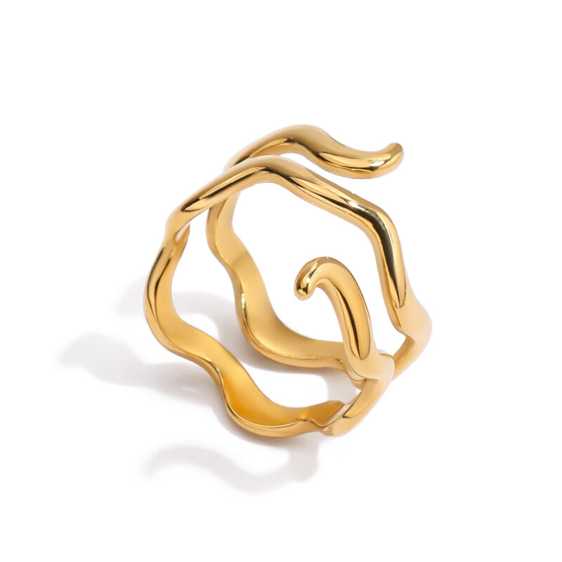 Modern Minimalist 18K Gold Stainless Steel Double Wave Ring - Stackable Geometric Jewelry for Women