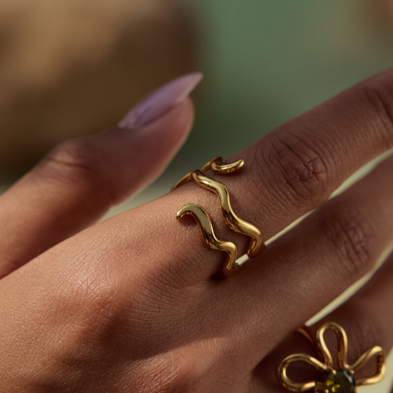 Modern Minimalist 18K Gold Stainless Steel Double Wave Ring - Stackable Geometric Jewelry for Women - Image 3