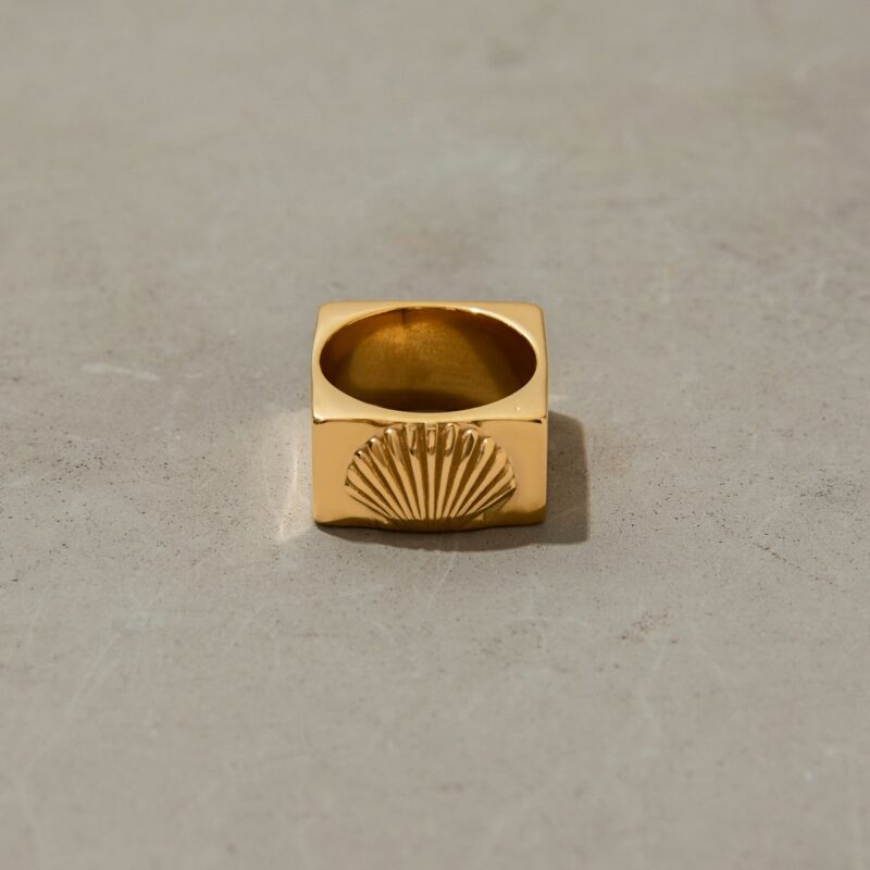 J&D Modern Classic 18K Gold Plated Stainless Steel Square Ring Textured Shell Design Hypoallergenic Stackable Trendy Ring - Image 2