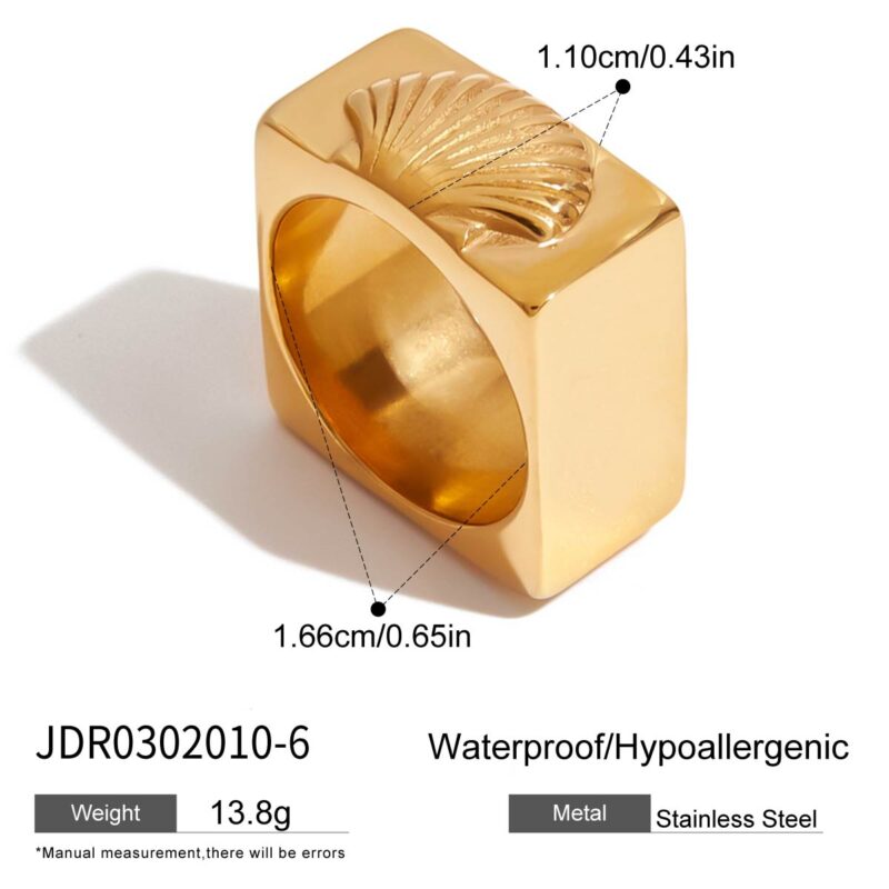 J&D Modern Classic 18K Gold Plated Stainless Steel Square Ring Textured Shell Design Hypoallergenic Stackable Trendy Ring - Image 6