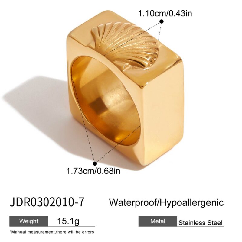 J&D Modern Classic 18K Gold Plated Stainless Steel Square Ring Textured Shell Design Hypoallergenic Stackable Trendy Ring - Image 7