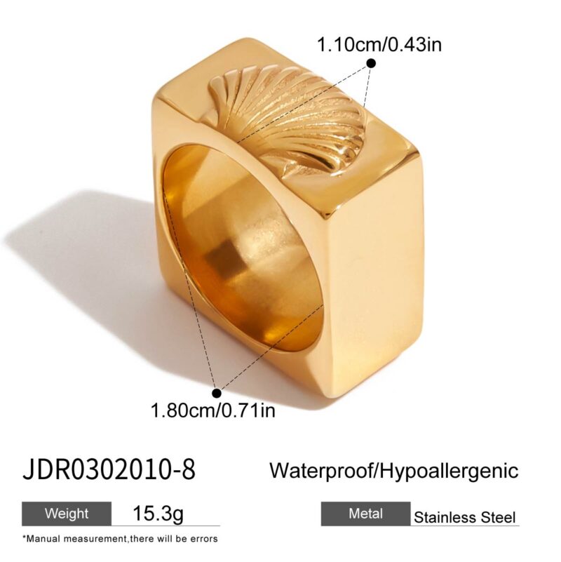 J&D Modern Classic 18K Gold Plated Stainless Steel Square Ring Textured Shell Design Hypoallergenic Stackable Trendy Ring - Image 8