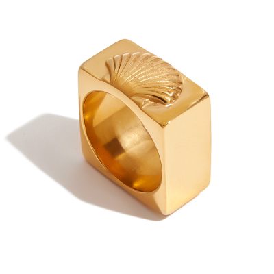 J&D Modern Classic 18K Gold Plated Stainless Steel Square Ring Textured Shell Design Hypoallergenic Stackable Trendy Ring