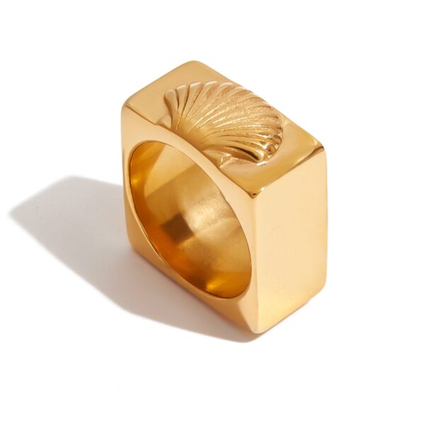 J&D Modern Classic 18K Gold Plated Stainless Steel Square Ring Textured Shell Design Hypoallergenic Stackable Trendy Ring