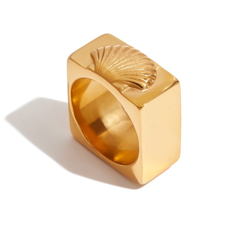 J&D Modern Classic 18K Gold Plated Stainless Steel Square Ring Textured Shell Design Hypoallergenic Stackable Trendy Ring