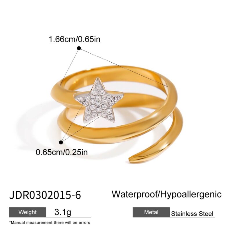 J&D Sweet Romantic 18K Gold Stainless Steel Rings Rhinestone Five-pointed Star Three-layer Rings - Image 5