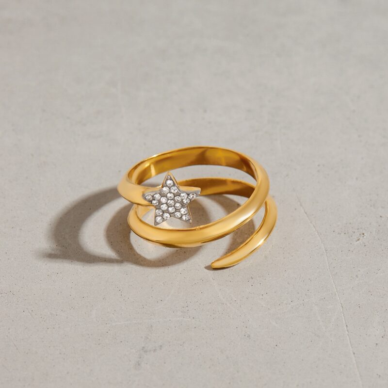 J&D Sweet Romantic 18K Gold Stainless Steel Rings Rhinestone Five-pointed Star Three-layer Rings - Image 2