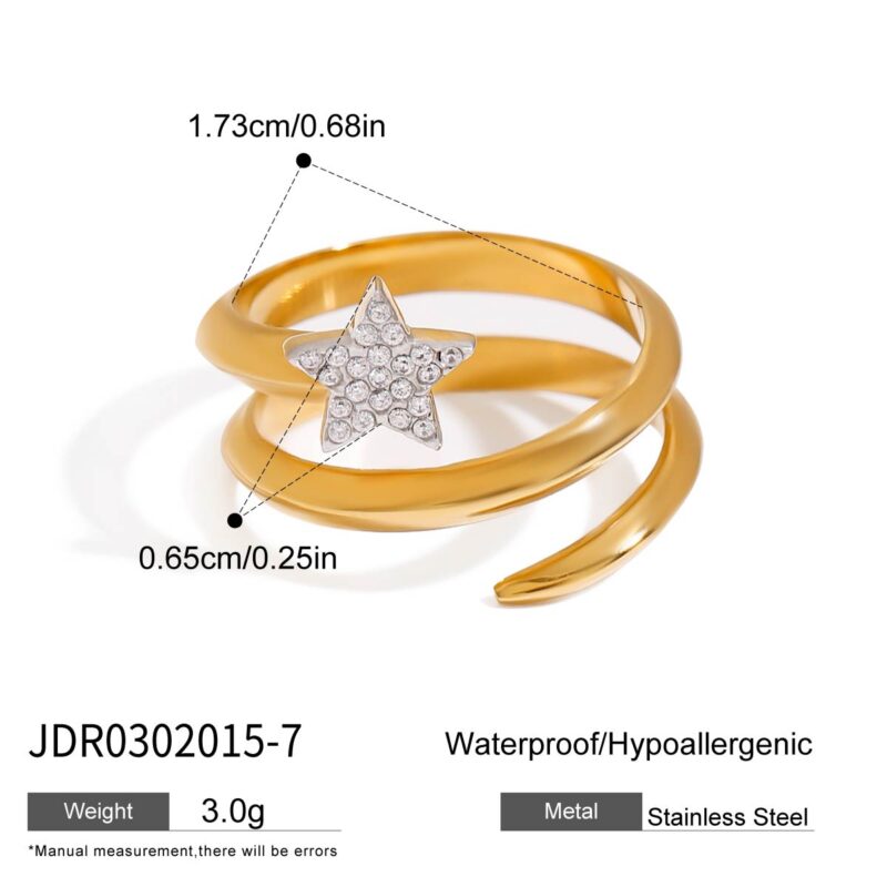 J&D Sweet Romantic 18K Gold Stainless Steel Rings Rhinestone Five-pointed Star Three-layer Rings - Image 6