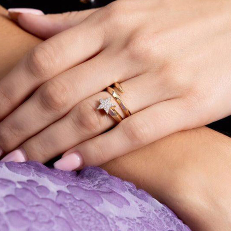 J&D Sweet Romantic 18K Gold Stainless Steel Rings Rhinestone Five-pointed Star Three-layer Rings - Image 4