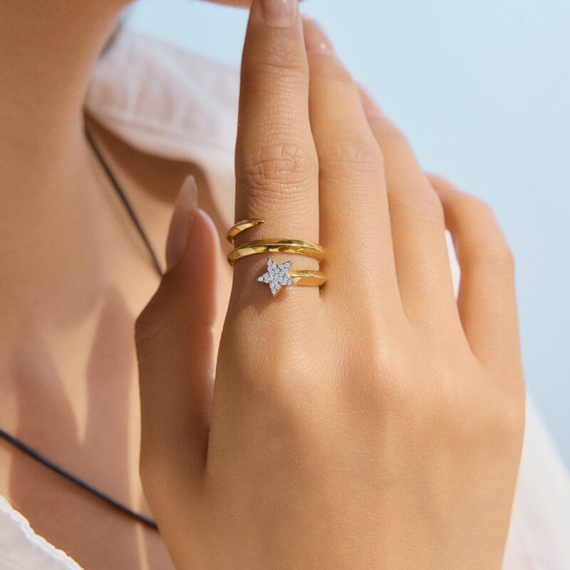 J&D Sweet Romantic 18K Gold Stainless Steel Rings Rhinestone Five-pointed Star Three-layer Rings - Image 3