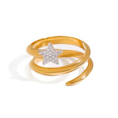 J&D Sweet Romantic 18K Gold Stainless Steel Rings Rhinestone Five-pointed Star Three-layer Rings