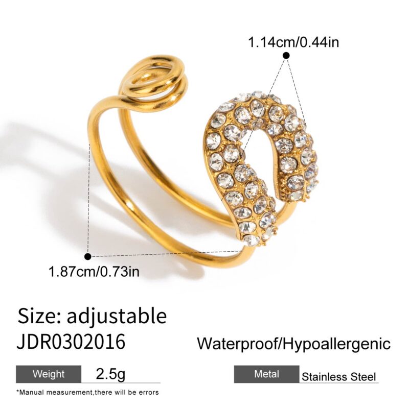 J&D Paperclip Love Spell 18K Gold Plated Stainless Steel Rhinestone Open Ring Adjustable Jewelry for Women Celestial Sparkle - Image 5