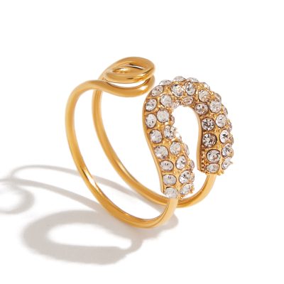 J&D Paperclip Love Spell 18K Gold Plated Stainless Steel Rhinestone Open Ring Adjustable Jewelry for Women Celestial Sparkle