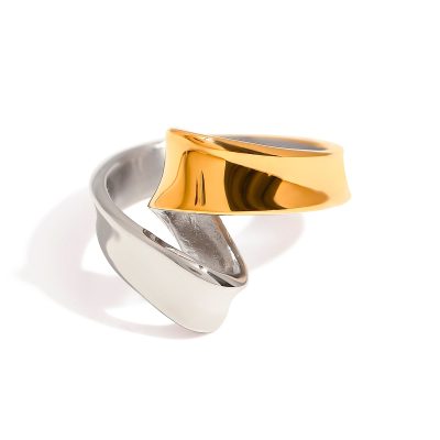 J&D 18K Gold Plate Stainless Steel Rings Modern Minimalist Gold and Silver Glossy Line Twisted Ring