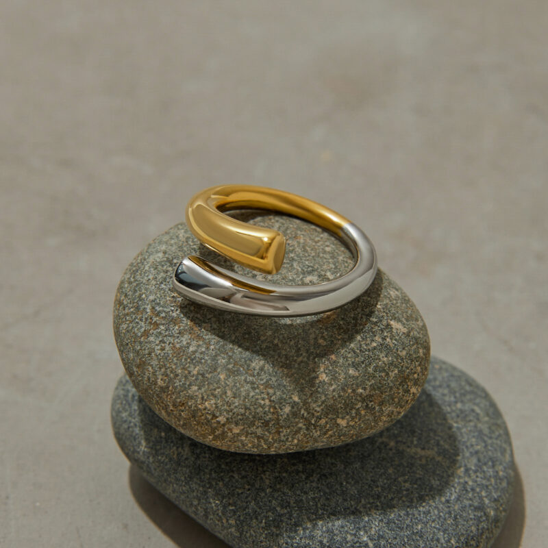 J&D Edgy Sweet Women's 18K Gold Plated Stainless Steel Two Tone Open Ring Stackable Minimalist Jewelry Y2K Dainty Statement Ring - Image 3