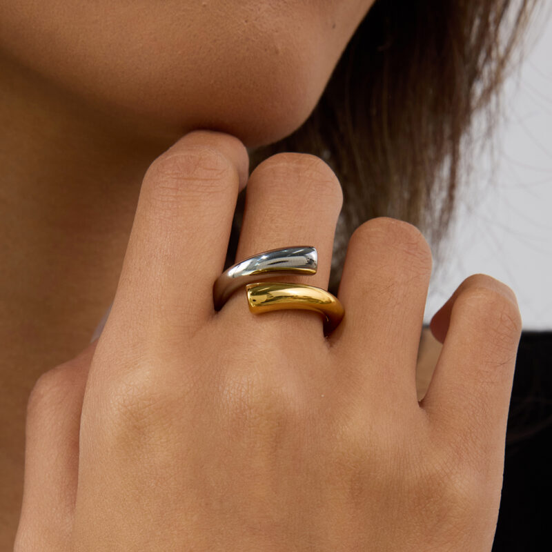J&D Edgy Sweet Women's 18K Gold Plated Stainless Steel Two Tone Open Ring Stackable Minimalist Jewelry Y2K Dainty Statement Ring - Image 5
