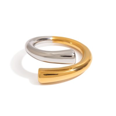 J&D Edgy Sweet Women's 18K Gold Plated Stainless Steel Two Tone Open Ring Stackable Minimalist Jewelry Y2K Dainty Statement Ring