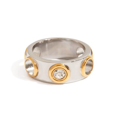 J&D Women Punk Stainless Steel Ring 18K Gold Plated Zirconia Two-Tone Openwork Gothic Edgy Jewelry Bold Statement Gift for Her