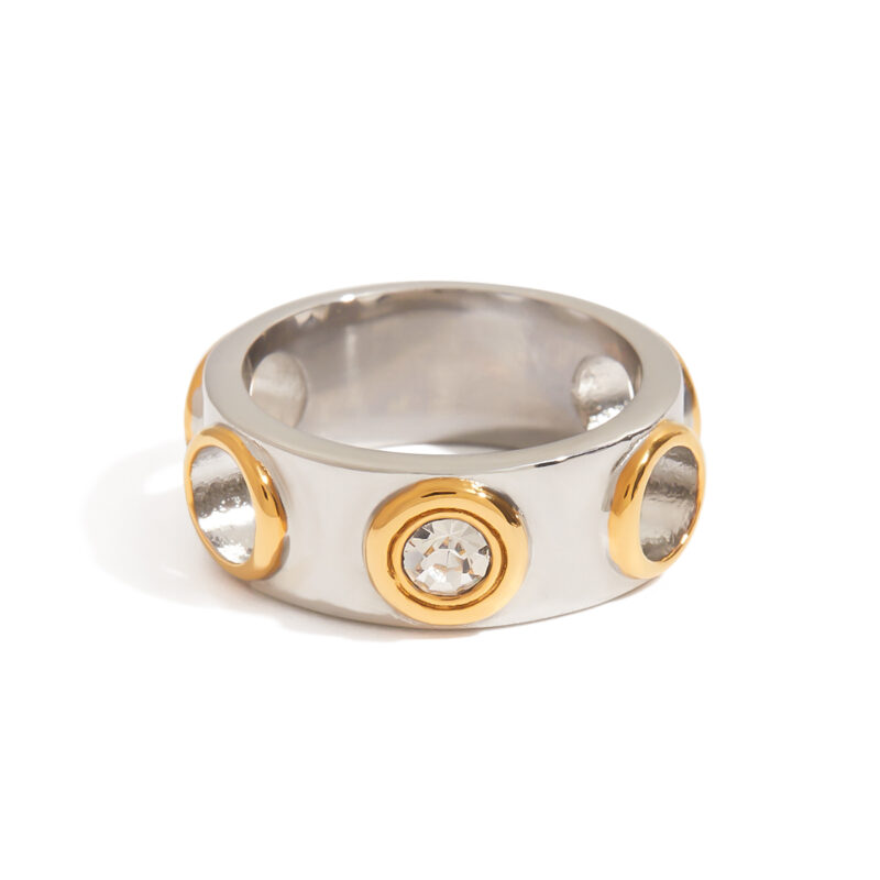 J&D Women Punk Stainless Steel Ring 18K Gold Plated Zirconia Two-Tone Openwork Gothic Edgy Jewelry Bold Statement Gift for Her