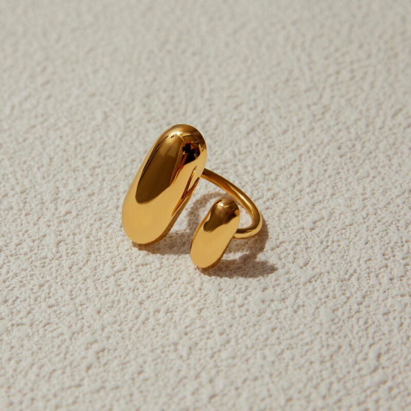 J&D Modern Minimalist Two-Tone Oval Ring 18K Gold Stainless Steel Adjustable Beaded Stackable Jewelry Minimalist Gift for Women - Image 2