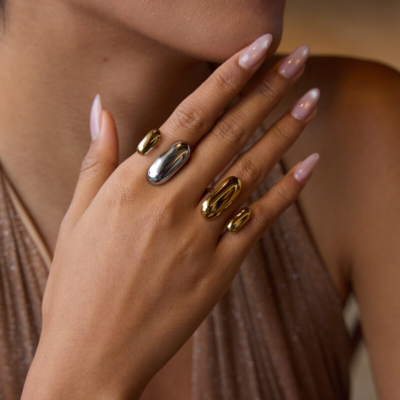 J&D Fashion Statement Two Tone Ring 18K Gold Plated Stainless Steel Double Layered Smooth Ring Stackable - Image 3