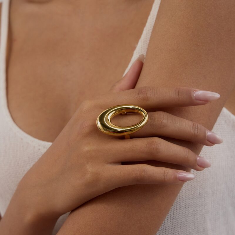 J&D Women Modern Minimalist 18K Gold Stainless Steel Sleek Hollow-Out Oval Ring Stackable Industrial Femininity Jewelry - Image 5