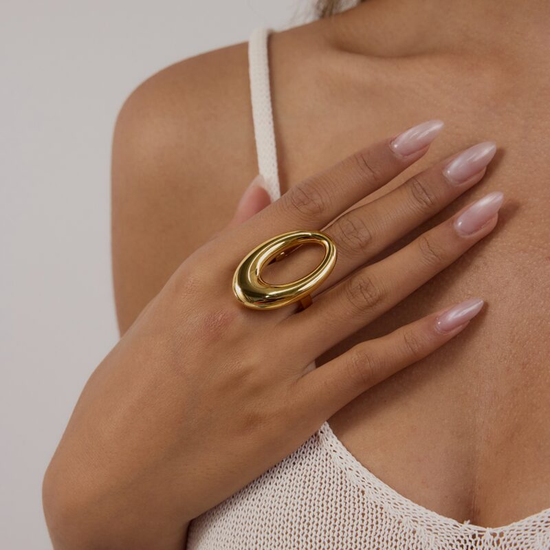J&D Women Modern Minimalist 18K Gold Stainless Steel Sleek Hollow-Out Oval Ring Stackable Industrial Femininity Jewelry - Image 4