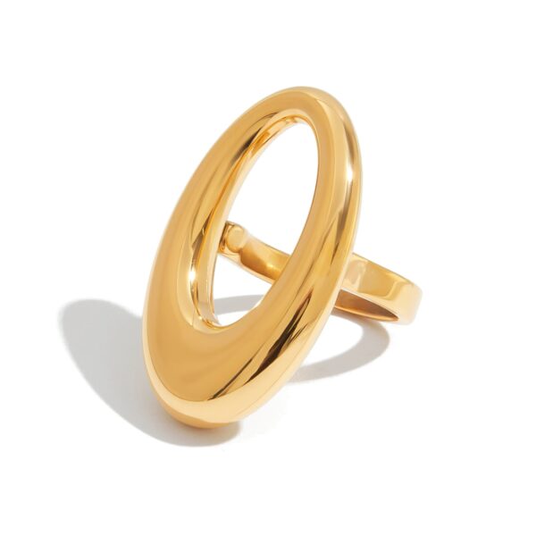 J&D Women Modern Minimalist 18K Gold Stainless Steel Sleek Hollow-Out Oval Ring Stackable Industrial Femininity Jewelry