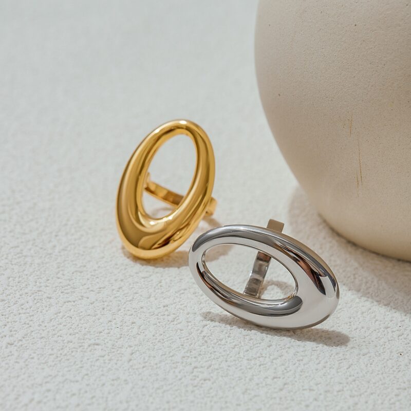 J&D Women Modern Minimalist 18K Gold Stainless Steel Sleek Hollow-Out Oval Ring Stackable Industrial Femininity Jewelry - Image 3