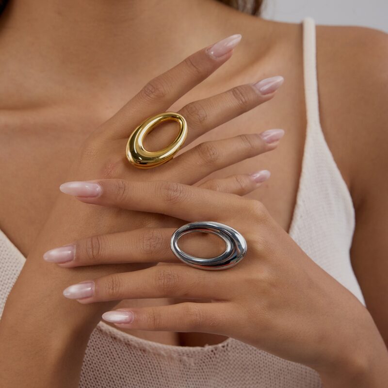 J&D Women Modern Minimalist 18K Gold Stainless Steel Sleek Hollow-Out Oval Ring Stackable Industrial Femininity Jewelry - Image 4