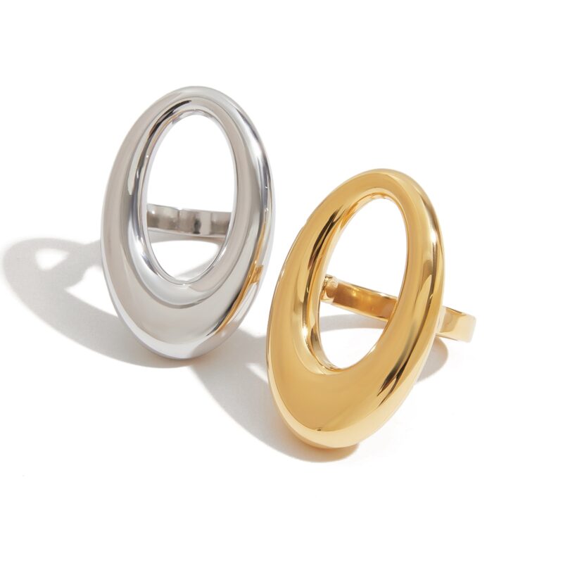 J&D Women Modern Minimalist 18K Gold Stainless Steel Sleek Hollow-Out Oval Ring Stackable Industrial Femininity Jewelry - Image 2