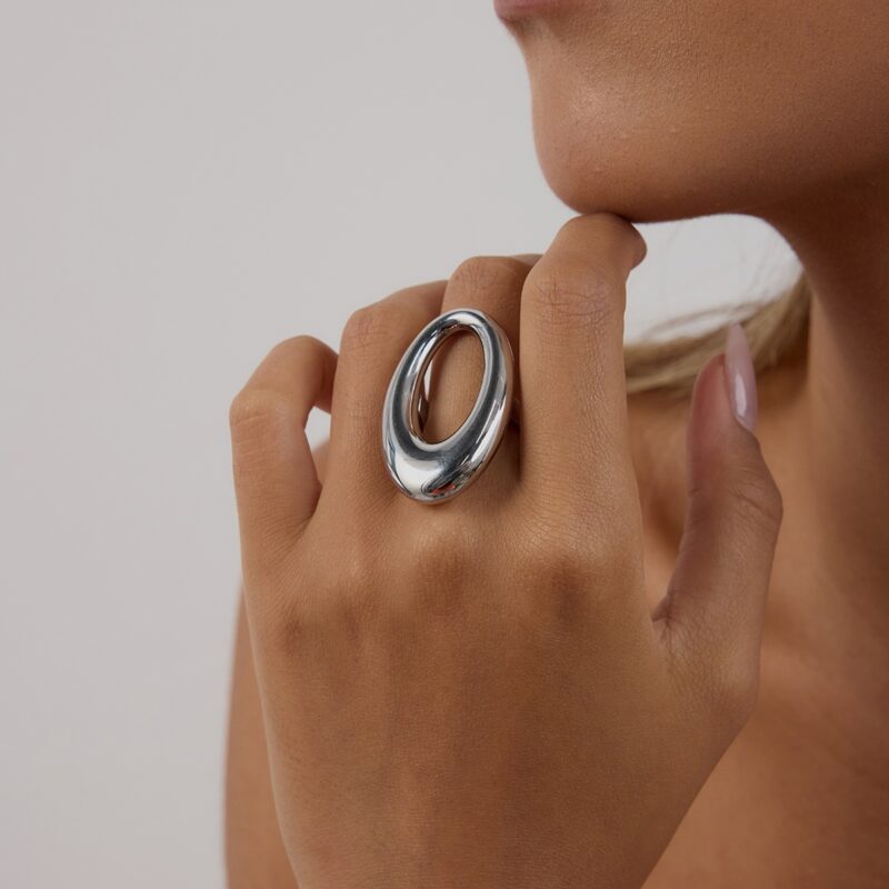 J&D Women Modern Minimalist 18K Gold Stainless Steel Sleek Hollow-Out Oval Ring Stackable Industrial Femininity Jewelry - Image 3