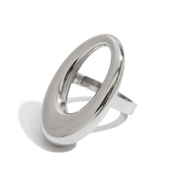 J&D Women Modern Minimalist 18K Gold Stainless Steel Sleek Hollow-Out Oval Ring Stackable Industrial Femininity Jewelry